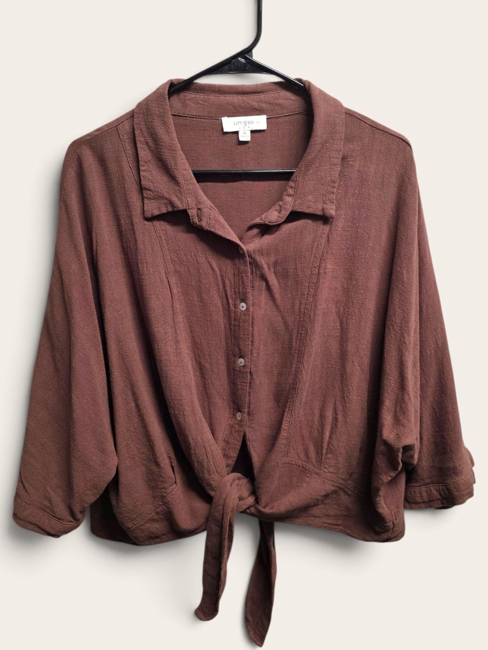 Umgee Women's Tie-Front Button Down Shirt - Rust Brown